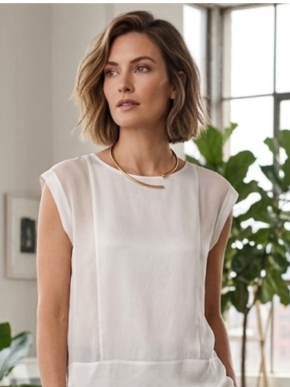 EILEEN FISHER Ivory Silk Chiffon Tonal Block Cap-Sleeve Pullover Tunic Top XS/S